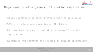 FOSS4G 2017 Boston
August 18, 2017
Requirements of a general 3D spatial data server
13
1.Data structures to store features...