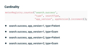 Cardinality
● search.success, app_version=1, type=Patient
● search.success, app_version=1, type=Exam
● search.success, app_version=2, type=Patient
● search.success, app_version=2, type=Exam
 
