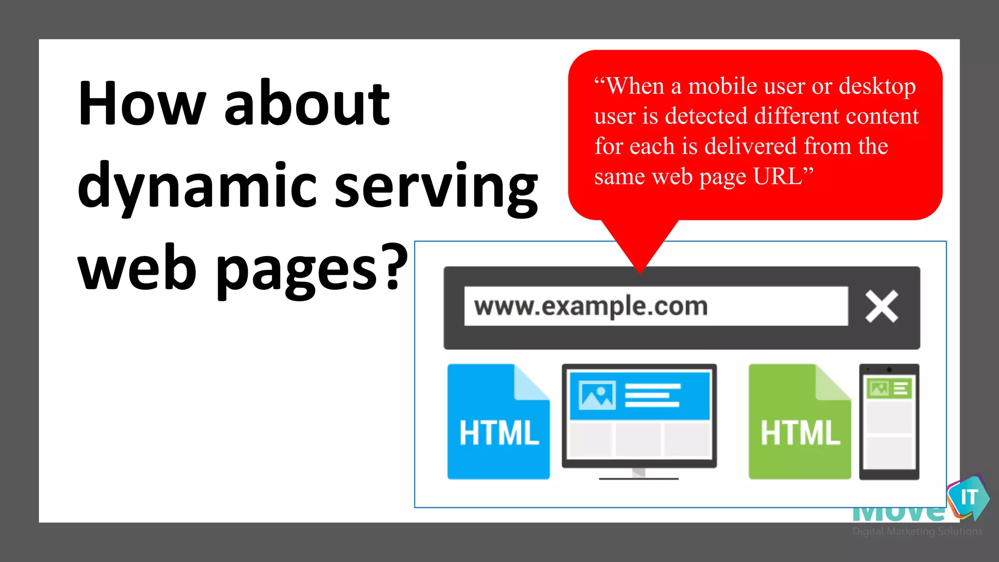 How$about$
dynamic$serving$
web$pages?
“When a mobile user or desktop
user is detected different content
for each is delivered from the
same web page URL”
 