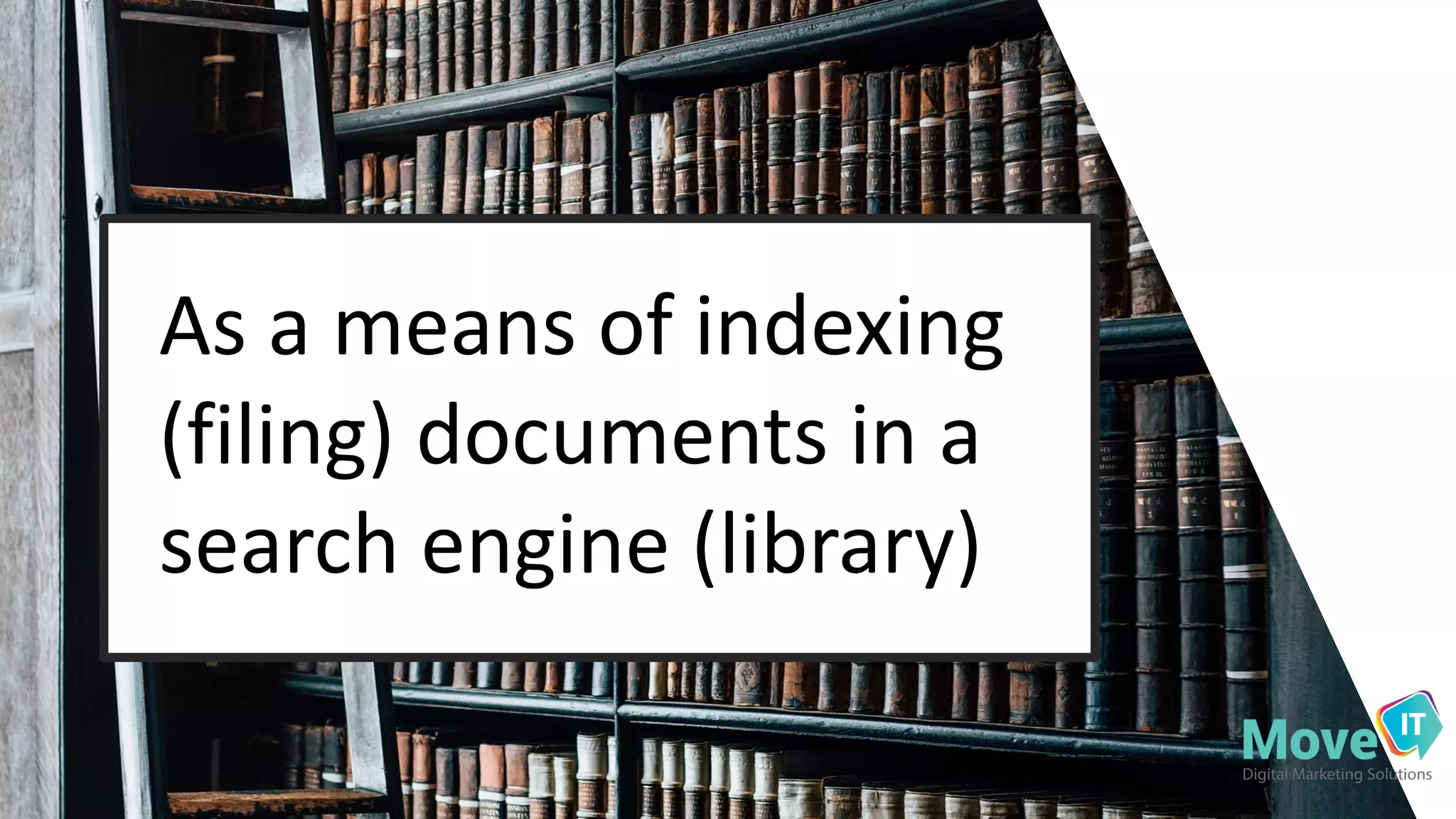 As#a#means#of#indexing#
(filing)#documents#in#a#
search#engine#(library)
 