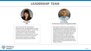 page 5
Over 20 years of experience in various facets of
the healthcare sector. Mr. Sandhu is the former VP
of Medical Operations and Business Optimization
for National Access Cannabis Medical. Mr. Sandhu
is also an active clinical pharmacist, who has a
passion for developing innovative programs in
regulated environments. In 2014, he was a
recipient of the Trillium Health Partners Allied
Health Professional Award. Mr. Sandhu holds a
Professional Certiﬁcate in Cannabis Science and
Medicine from the University of Vermont’s Larner
College of Medicine.
Pram Sandhu
VP, Pharmacy Programs & Regulatory Affairs
Aura Balboa
CFO
Over 15 years of finance and operations
experience to PHC. Ms. Balboa began her career
in public accounting with Deloitte. She then held
a number of finance roles with increasing
responsibilities at multiple pharmaceutical
companies both in Canada and the US. Her most
recent role was Director of Finance at Acerus
Pharmaceuticals Corporation, a Canadian
pharmaceutical company listed on the TSX.
 