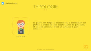 #BaBreakfast
Be Angels - 2016 - All rights reserved
L’artiste
TYPOLOGIE
#3
Il passe son temps à colorier et à redessiner ses
photos à l’aide de ses doigts. Armé de patience,
et de son pinceau, c’est un artiste à part
entière.
 