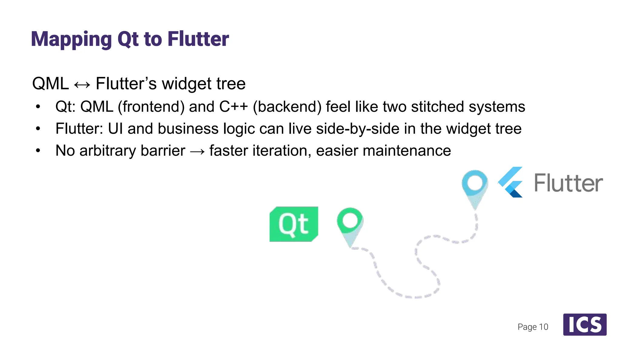 QML ↔ Flutter’s widget tree
• Qt: QML (frontend) and C++ (backend) feel like two stitched systems
• Flutter: UI and business logic can live side-by-side in the widget tree
• No arbitrary barrier → faster iteration, easier maintenance
Mapping Qt to Flutter
Page 10
 