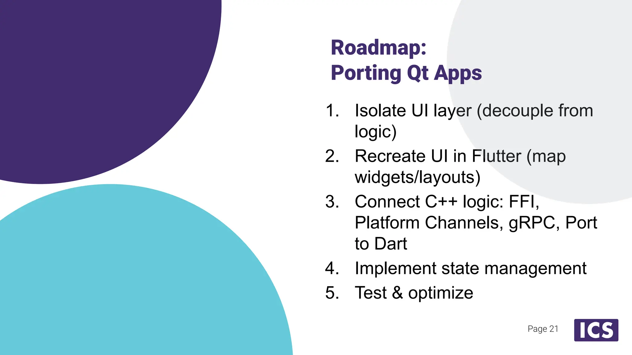 Page 21
1. Isolate UI layer (decouple from
logic)
2. Recreate UI in Flutter (map
widgets/layouts)
3. Connect C++ logic: FFI,
Platform Channels, gRPC, Port
to Dart
4. Implement state management
5. Test & optimize
Roadmap:
Porting Qt Apps
 