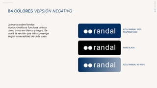 BRANDBOOK RANDAL
PANTONE 534C
AZUL RANDAL 100%
PURE BLACK
AZUL RANDAL 40-100%
La marca sobre fondos
monocromáticos funciona tanto a
color, como en blanco y negro. Se
usará la versión que más convenga
según la necesidad de cada caso.
04 COLORES VERSIÓN NEGATIVO
 