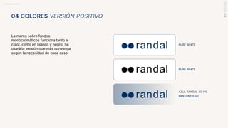 BRANDBOOK RANDAL
La marca sobre fondos
monocromáticos funciona tanto a
color, como en blanco y negro. Se
usará la versión que más convenga
según la necesidad de cada caso.
04 COLORES VERSIÓN POSITIVO
PURE WHITE
PURE WHITE
AZUL RANDAL 40-0%
PANTONE 534C
 