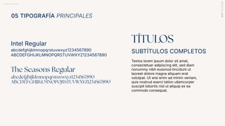 BRANDBOOK RANDAL
Textos lorem ipsum dolor sit amet,
consectetuer adipiscing elit, sed diam
nonummy nibh euismod tincidunt ut
laoreet dolore magna aliquam erat
volutpat. Ut wisi enim ad minim veniam,
quis nostrud exerci tation ullamcorper
suscipit lobortis nisl ut aliquip ex ea
commodo consequat.
TÍTULOS
SUBTÍTULOS COMPLETOS
05 TIPOGRAFÍA PRINCIPALES
Intel Regular
abcdefghijklmnopqrstuvwxyz1234567890
ABCDEFGHIJKLMNOPQRSTUVWXYZ1234567890
The Seasons Regular
abcdefghijklmnopqrstuvwxyz1234567890
ABCDEFGHIJKLMNOPQRSTUVWXYZ1234567890
 