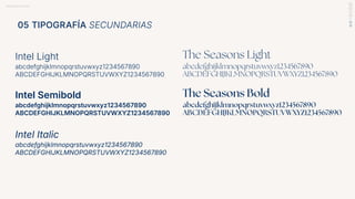 BRANDBOOK RANDAL
Intel Light
abcdefghijklmnopqrstuvwxyz1234567890
ABCDEFGHIJKLMNOPQRSTUVWXYZ1234567890
Intel Semibold
abcdefghijklmnopqrstuvwxyz1234567890
ABCDEFGHIJKLMNOPQRSTUVWXYZ1234567890
Intel Italic
abcdefghijklmnopqrstuvwxyz1234567890
ABCDEFGHIJKLMNOPQRSTUVWXYZ1234567890
05 TIPOGRAFÍA SECUNDARIAS
The Seasons Light
abcdefghijklmnopqrstuvwxyz1234567890
ABCDEFGHIJKLMNOPQRSTUVWXYZ1234567890
The Seasons Bold
abcdefghijklmnopqrstuvwxyz1234567890
ABCDEFGHIJKLMNOPQRSTUVWXYZ1234567890
 