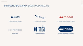 BRANDBOOK RANDAL
03 DISEÑO DE MARCA USOS INCORRECTOS
4. Solo trazo 5. Añadir sombreado
2. Inclinación del logotipo
1.Deformación del logotipo 3. No usar colores fuera de la paleta
6. Uso de pastilla para el logotipo
 