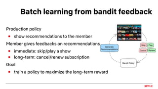 Batch learning from bandit feedback
Production policy
● show recommendations to the member
Member gives feedbacks on recommendations
● immediate: skip/play a show
● long-term: cancel/renew subscription
Goal
● train a policy to maximize the long-term reward
 