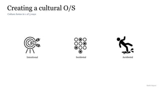 Creating a cultural O/S
Rakhi Rajani
Culture forms in 1 of 3 ways
Artifacts
EnvironmentPeople
Intentional
Structures Profit + LossThinking
Incidental Accidental
 