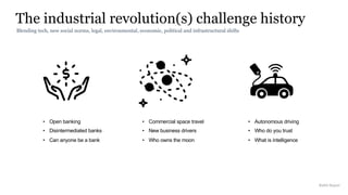 The industrial revolution(s) challenge history
• Open banking
• Disintermediated banks
• Can anyone be a bank
• Commercial space travel
• New business drivers
• Who owns the moon
• Autonomous driving
• Who do you trust
• What is intelligence
Rakhi Rajani
Blending tech, new social norms, legal, environmental, economic, political and infrastructural shifts
 