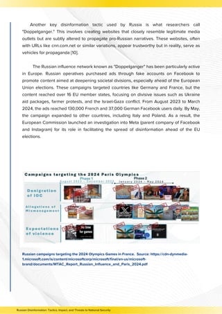 Another key disinformation tactic used by Russia is what researchers call
"Doppelganger." This involves creating websites that closely resemble legitimate media
outlets but are subtly altered to propagate pro-Russian narratives. These websites, often
with URLs like cnn.com.net or similar variations, appear trustworthy but in reality, serve as
vehicles for propaganda [10].
The Russian influence network known as "Doppelganger" has been particularly active
in Europe. Russian operatives purchased ads through fake accounts on Facebook to
promote content aimed at deepening societal divisions, especially ahead of the European
Union elections. These campaigns targeted countries like Germany and France, but the
content reached over 16 EU member states, focusing on divisive issues such as Ukraine
aid packages, farmer protests, and the Israel-Gaza conflict. From August 2023 to March
2024, the ads reached 130,000 French and 37,000 German Facebook users daily. By May,
the campaign expanded to other countries, including Italy and Poland. As a result, the
European Commission launched an investigation into Meta (parent company of Facebook
and Instagram) for its role in facilitating the spread of disinformation ahead of the EU
elections.
Russian campaigns targeting the 2024 Olympics Games in France. Source: https://cdn-dynmedia-
1.microsoft.com/is/content/microsoftcorp/microsoft/final/en-us/microsoft-
brand/documents/MTAC_Report_Russian_Influence_and_Paris_2024.pdf
Russian Disinformation: Tactics, Impact, and Threats to National Security
 