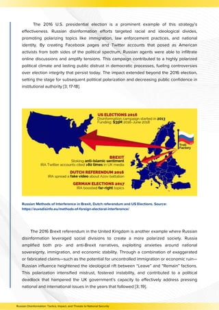 The 2016 U.S. presidential election is a prominent example of this strategy’s
effectiveness. Russian disinformation efforts targeted racial and ideological divides,
promoting polarizing topics like immigration, law enforcement practices, and national
identity. By creating Facebook pages and Twitter accounts that posed as American
activists from both sides of the political spectrum, Russian agents were able to infiltrate
online discussions and amplify tensions. This campaign contributed to a highly polarized
political climate and lasting public distrust in democratic processes, fueling controversies
over election integrity that persist today. The impact extended beyond the 2016 election,
setting the stage for subsequent political polarization and decreasing public confidence in
institutional authority [3; 17-18].
The 2016 Brexit referendum in the United Kingdom is another example where Russian
disinformation leveraged social divisions to create a more polarized society. Russia
amplified both pro- and anti-Brexit narratives, exploiting anxieties around national
sovereignty, immigration, and economic stability. Through a combination of exaggerated
or fabricated claims—such as the potential for uncontrolled immigration or economic ruin—
Russian influence heightened the ideological rift between “Leave” and “Remain” factions.
This polarization intensified mistrust, fostered instability, and contributed to a political
deadlock that hampered the UK government’s capacity to effectively address pressing
national and international issues in the years that followed [3; 19].
Russian Methods of Interference in Brexit, Dutch referendum and US Elections. Source:
https://euvsdisinfo.eu/methods-of-foreign-electoral-interference/
Russian Disinformation: Tactics, Impact, and Threats to National Security
 
