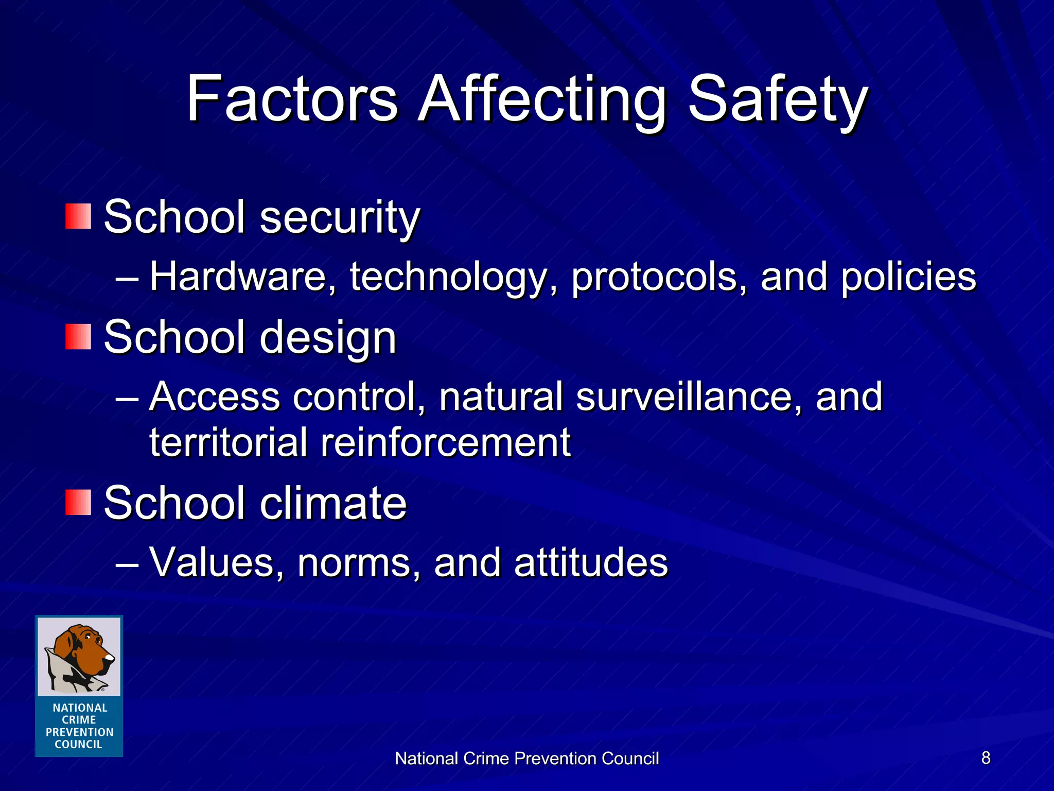 Factors Affecting Safety School security Hardware, technology, protocols, and policies School design Access control, natural surveillance, and territorial reinforcement School climate Values, norms, and attitudes 