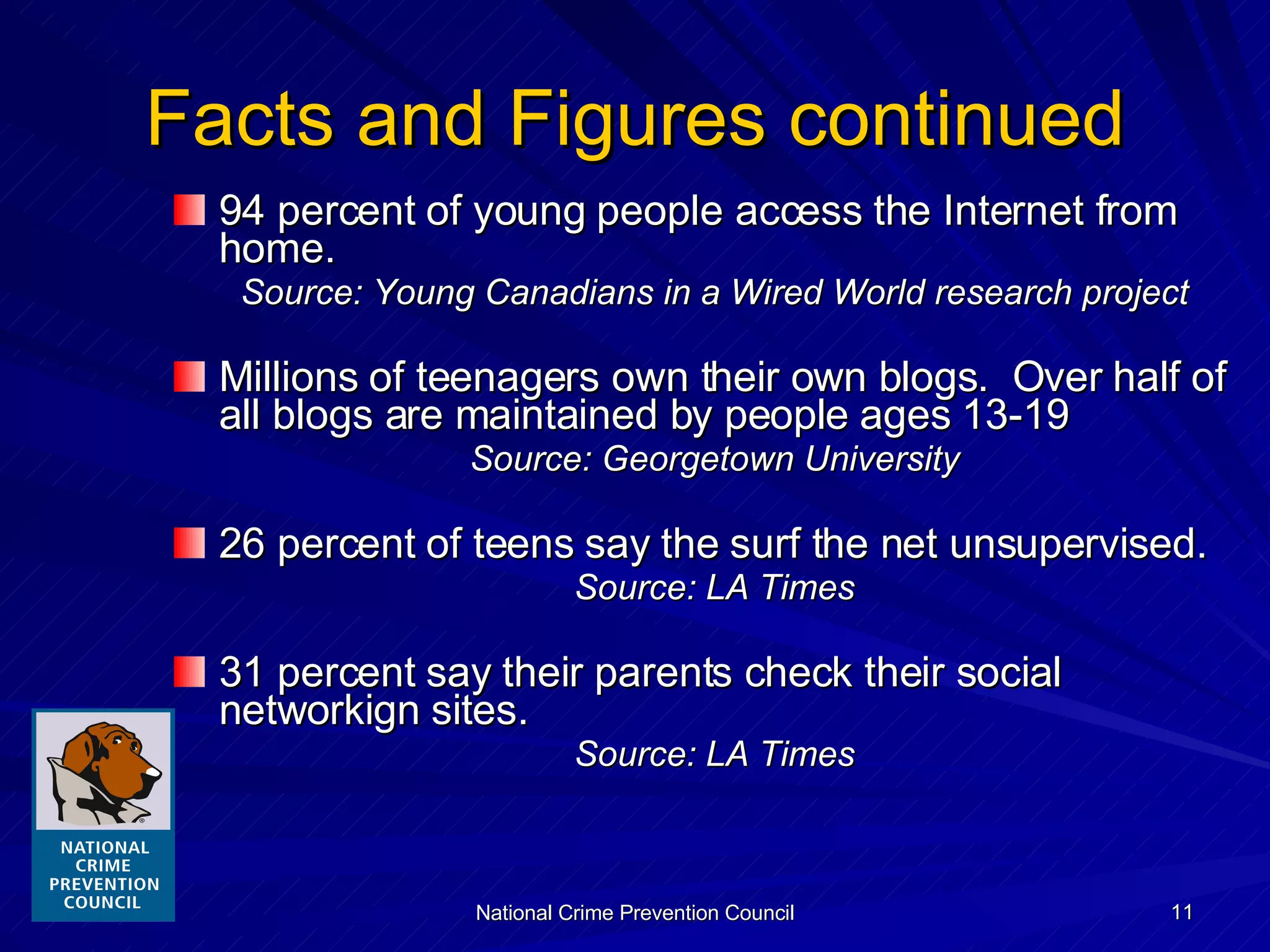 Facts and Figures continued 94 percent of young people access the Internet from home. Source: Young Canadians in a Wired World research project Millions of teenagers own their own blogs.  Over half of all blogs are maintained by people ages 13-19 Source: Georgetown University 26 percent of teens say the surf the net unsupervised. Source: LA Times 31 percent say their parents check their social networkign sites. Source: LA Times 