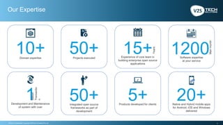 3Strictly Confidential | Copyright V2STech Solutions Pvt Ltd.
Our Expertise
Projects executed
50+
Integrated open source
frameworks as part of
development
50+Development and Maintenance
of system with over
1
Million
Transactio
n
Domain expertise
10+ Software expertise
at your service
1200
Manmonth
Native and Hybrid mobile apps
for Android, iOS and Windows
delivered
20+Products developed for clients
5+
✔
Experience of core team in
building enterprise open source
applications
15+
Years
 