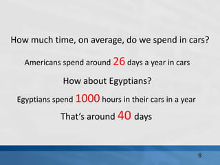 How much time, on average, do we spend in cars?
Americans spend around 26 days a year in cars
How about Egyptians?
6
Egyptians spend 1000 hours in their cars in a year
That’s around 40 days
 