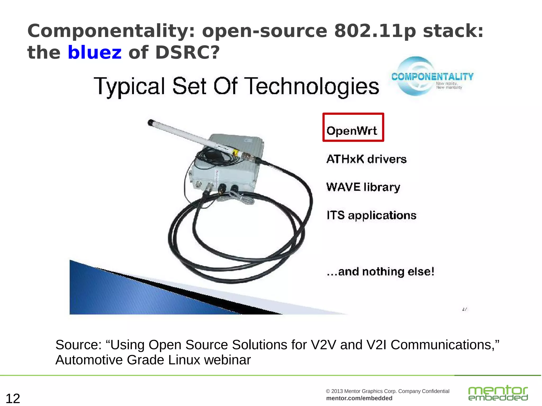 Componentality: open-source 802.11p stack:
the bluez of DSRC?

Source: “Using Open Source Solutions for V2V and V2I Communications,”
Automotive Grade Linux webinar
12

© 2013 Mentor Graphics Corp. Company Confidential

mentor.com/embedded

 
