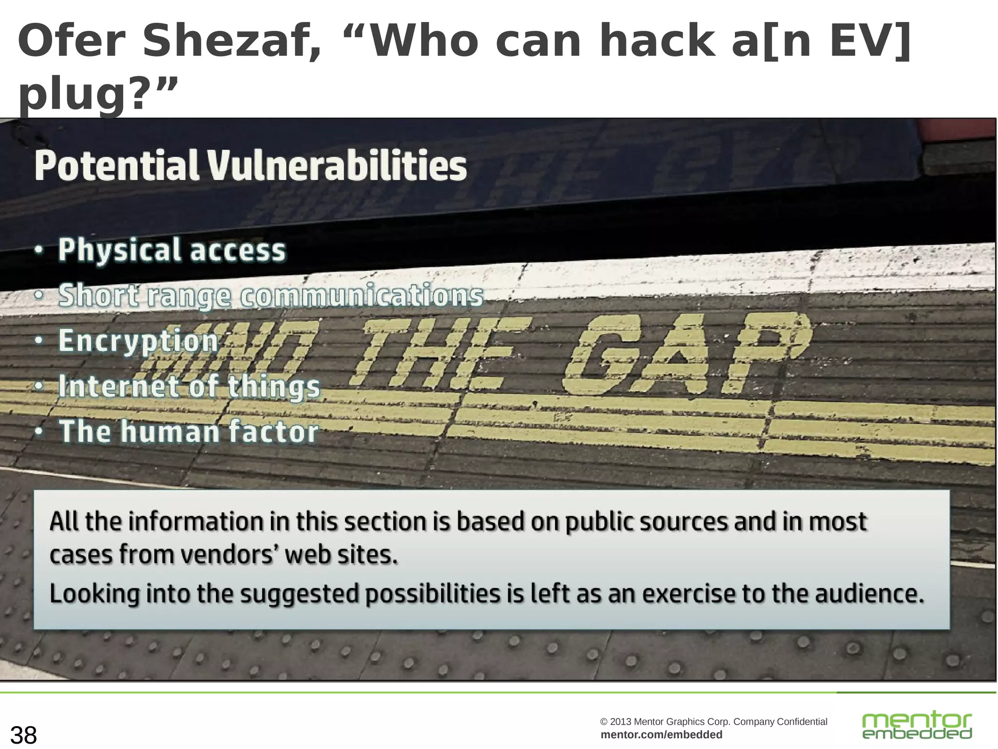 Ofer Shezaf, “Who can hack a[n EV]
plug?”

38

© 2013 Mentor Graphics Corp. Company Confidential

mentor.com/embedded

 