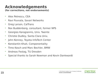 Acknowledgements
(for corrections, not endorsements)



Ravi Puvvala, Savari Networks



Greg Larson, CalTrans



Rex Buddenberg, consultant, former NPS



Georgios Karagiannis, Univ. Twente



Christie Dudley, Santa Clara Univ.



John Kenney, Toyota InfoTech Center



Konstantin Khait, Componentality



Timo Kosch and Marc Bechler, BMW



Andreas Festag, TU Dresden



23

Alex Petrescu, CEA

Special thanks to Sarah Newman and Kevin Dankwardt

© 2013 Mentor Graphics Corp. Company Confidential

mentor.com/embedded

 