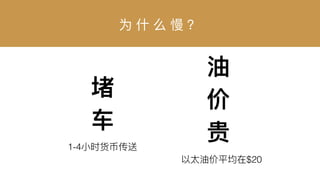 为 什什 么 慢 ？
堵
⻋车
油
价
贵1-4⼩小时货币传送
以太油价平均在$20
 