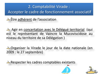 Transparence financière vis-à-vis :des contrôleurs internes (Comité de la Charte, Commissaires aux comptes, Conseil d’Audit interne …)des contrôleurs externes (Cour des Comptes, IGAS, Fisc, URSSAF…)des DonateursMaîtrise des volumes financiers gérésTravailler sur le « temps réel »  entre Délégations / Virades / siège1. Comptabilité Virade : Maîtriser et organiser les volumes