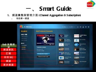 頻道彙整與管理介面 (Channel Aggregation & Subscription) 特色單一頻道 一、 Smart Guide 9x9 推薦頻道 頻道資訊 訂閱 回到 SG 頻道 更多頻道 