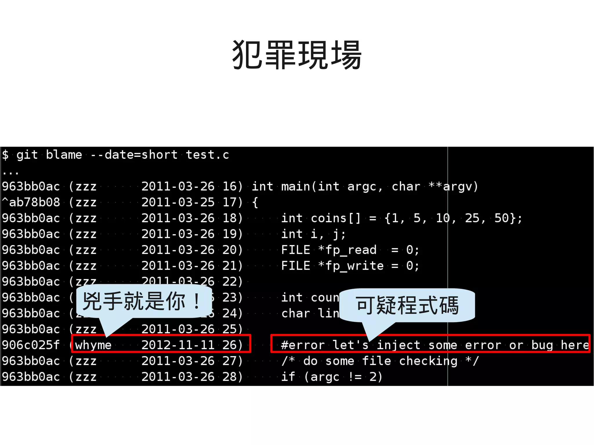 犯罪現場
兇手就是你！ 可疑程式碼
 