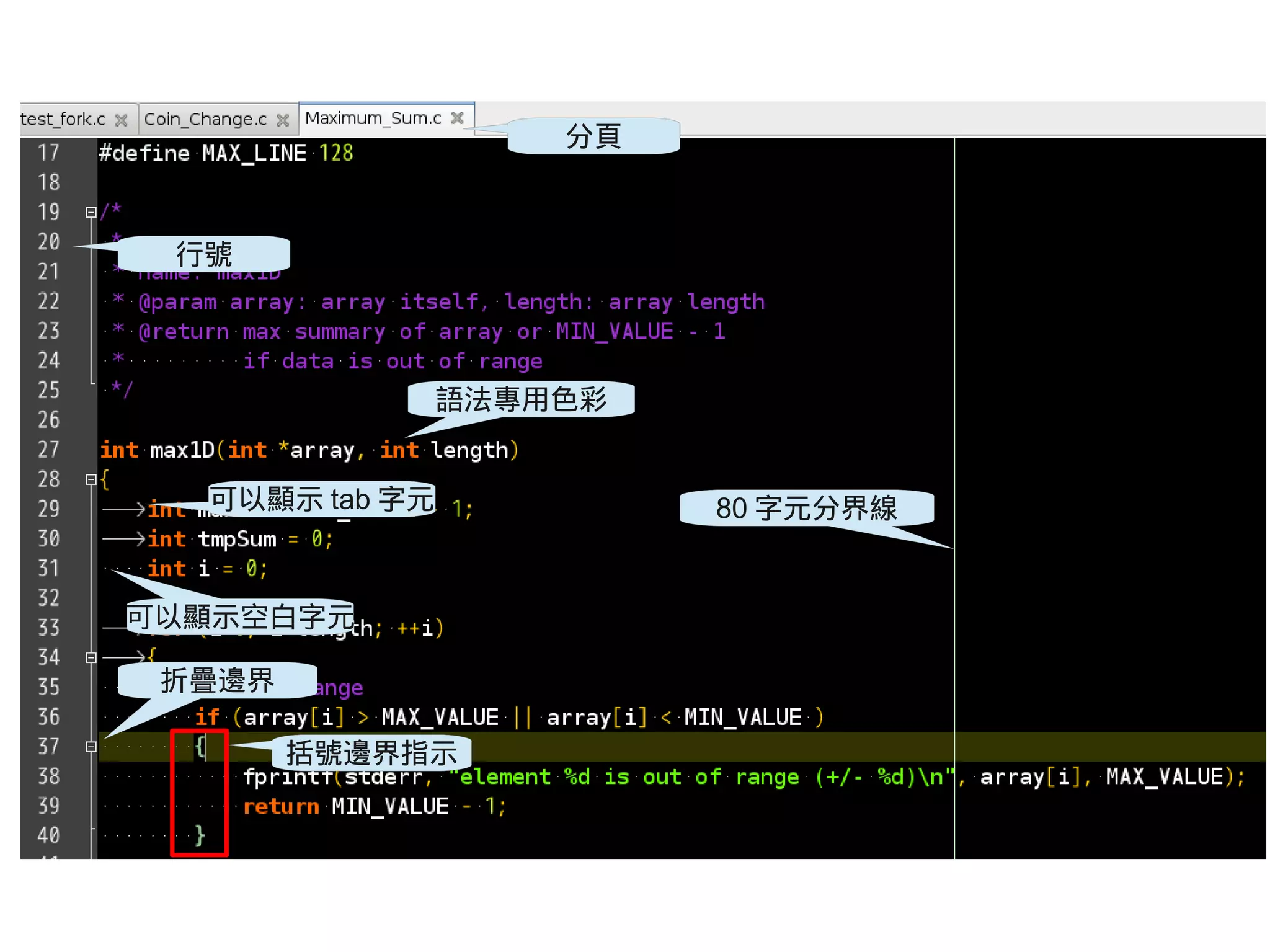 分頁
可以顯示 tab 字元 80 字元分界線
行號
括號邊界指示
折疊邊界
可以顯示空白字元
語法專用色彩
 