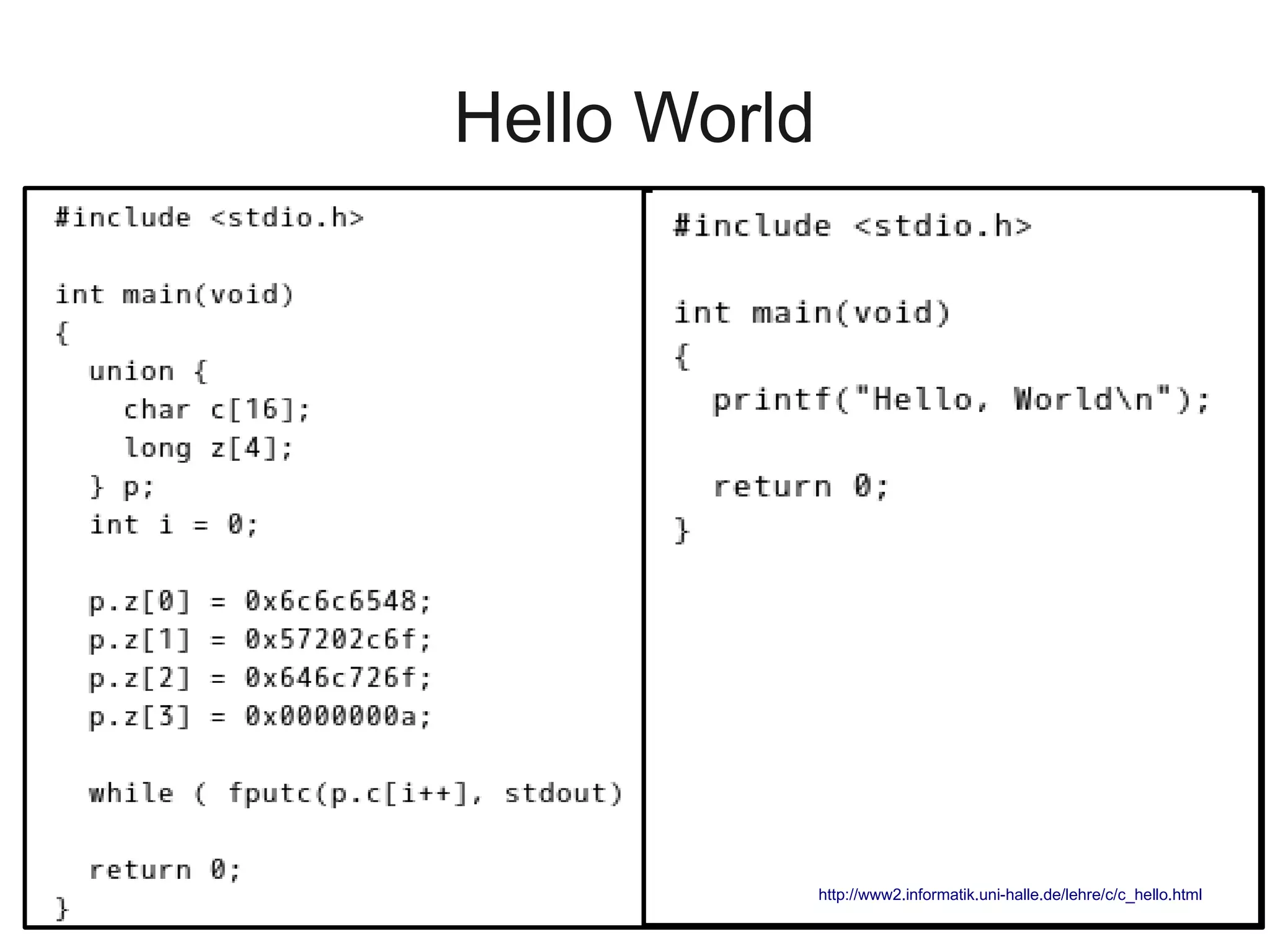 Hello World
http://www2.informatik.uni-halle.de/lehre/c/c_hello.html
 