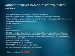 [ Φροντιστήριο ΣΠΟΥΔΗ ]
Ομαδοποιημένες σχολές 2Ομαδοποιημένες σχολές 2ουου
επιστημονικούεπιστημονικού
πεδίου.πεδίου.
● Μηχανικών Οικονομίας & Διοικησης – Παραγωγής & Διοίκησης
● Μηχανικών Περιβάλλοντος – Μηχανικών Χωροταξίας Πολεοδομίας & Ανάπτυξης
● Μηχανικών Πληροφοριακών και Επικοινωνιακών Συστημάτων – Πληροφορικής & Τηλεπικοινωνιών
● Πληροφορικής με Εφαρμογές στη Βιοϊατρική
● Πολιτικών Μηχανικών
● Φυσικής
● Χημείας
● Χημικών Μηχανικών
● ΣΤΡΑΤΟΣ: Ευελπίδων: Οπλα/Σώματα – Ικάρων:Ελεγκτές Αεράμυνας / Ιπτάμενοι – Ιπτάμενοι
Ραδιοναυτίλοι – Μόνιμων Υπαξιωματικών Ναυτικού (ΣΜΥΝ) – Ναυτικών Δοκίμων – Μόνιμων
Υπαξιωματικών Στρατού (ΣΜΥ) – Τεχνικών Υπαξιωματικών Αεροποριας (ΣΤΥΑ) – Υπαξιωματικών
Διοίκησης Αεροπορίας (ΣΥΔ)
● ΑΚΑΔΗΜΙΕΣ ΕΜΠΟΡΙΚΟΥ ΝΑΥΤΙΚΟΥ
● ΑΝΩΤΑΤΕΣ ΕΚΚΛΗΣΙΑΣΤΙΚΕΣ ΑΚΑΔΗΜΙΕΣ
● ΠΥΡΟΣΒΕΣΤΙΚΗ: Ανθυποπυραγών – Πυροσβεστών
● ΑΣΤΥΝΟΜΙΚΕΣ ΣΧΟΛΕΣ: Αξιωματικών – Αστυφυλάκων
 