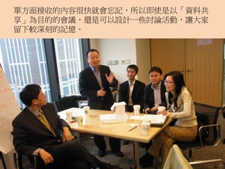 單方面接收的內容很快就會忘記，所以即使是以「資料共
享」為目的的會議，還是可以設計一些討論活動，讓大家
留下較深刻的記憶。
21
 