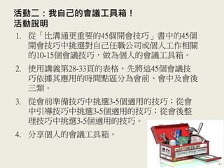 活動二：我自己的會議工具箱！
活動說明
1. 從「比溝通更重要的45個開會技巧」書中的45個
開會技巧中挑選對自己任職公司或個人工作相關
的10-15個會議技巧，做為個人的會議工具箱。
2. 使用講義第28-33頁的表格，先將這45個會議技
巧依據其應用的時間點區分為會前、會中及會後
三類。
3. 從會前準備技巧中挑選3-5個適用的技巧；從會
中引導技巧中挑選3-5個適用的技巧；從會後整
理技巧中挑選3-5個適用的技巧。
4. 分享個人的會議工具箱。
47
 