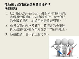 活動三：如何解決這些會議挫折？
活動說明
1. 以3-4個人為一個小組，針對剛才便利貼活
動所得較嚴重的1-3項會議挫折，參考個人
的會議工具箱，討論可能的改善對策。
2. 參考次頁的表格及範例，將選定的會議挫
折及建議的改善對策寫在發下的白報紙上。
3. 各組推派一位代表上台分享。
48
 