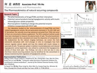 Our laboratory studied on the pharmacokinetics of drugs/TCMs and their
related hyperglycemic activity. We are particularly interested in FA, AFE, EMF and
ST derivatives, the naturally occurring substances extracted from TCMs and some
of them are consumed as dietary supplement. The HPLC analytical method usually
have been developed to measure the plasma levels of cpds. The pharmacokinetic
parameters would be then calculated and reveal the disposition of compounds in
the body/animal. By the calcium imaging technique, we screen the herb
extracts/its derivatives with [Ca2+
]I changes in vitro to investigate how herb
extracts regulate calcium signals and how this related with insulin release in
pancreatic β-cells. The glucose uptake in skeleton muscle/adipocytes and induced
hyperglycemic animal experiment also utilized to understand the hypoglycermic
activity of these herb cpds. Our findings, not only in vitro but also in vivo,
that these natural occurring products may be beneficial for the concomitant in
disease treatment by their regulation of hypoglycemic activity.
Our laboratory studied on the pharmacokinetics of drugs/TCMs and their
related hyperglycemic activity. We are particularly interested in FA, AFE, EMF and
ST derivatives, the naturally occurring substances extracted from TCMs and some
of them are consumed as dietary supplement. The HPLC analytical method usually
have been developed to measure the plasma levels of cpds. The pharmacokinetic
parameters would be then calculated and reveal the disposition of compounds in
the body/animal. By the calcium imaging technique, we screen the herb
extracts/its derivatives with [Ca2+
]I changes in vitro to investigate how herb
extracts regulate calcium signals and how this related with insulin release in
pancreatic β-cells. The glucose uptake in skeleton muscle/adipocytes and induced
hyperglycemic animal experiment also utilized to understand the hypoglycermic
activity of these herb cpds. Our findings, not only in vitro but also in vivo,
that these natural occurring products may be beneficial for the concomitant in
disease treatment by their regulation of hypoglycemic activity.
何 意 副教授 Associate Prof. Yih Ho
Pharmacokinetics and Pharmaceutics
The Pharmacokinetics of natural occurring compounds
Research TopicsResearch Topics
Representative Publications (2010-now, 3-4 papers)
a. The pharmacokinetics of drugs/TCMs and their interaction
b. Potential natural products having hypoglycemic activity with insulin
release/glucose uptake properties.
c. Pharmacophore modeling to design the potential enzyme
Inhibitors (cooperated with NTUT lab)
Zheng-Li Zhou, Hsuan-Liang Liu, Josephine W. Wu, Cheng-Wen Tsao, Wei-Hsi Chen,
Kung-Tien Liu and Yih Ho, “ Computer-aided discovery of potential inhibitors for
transthyretin-related amyloidosis”, Journal of the Chinese Chemical Society, 61(2),
263–273(2014)
Yu-Syuan Lin, Yih Ho, Chaur-Jong Hu, Wan-Wen Su, Kuang-Yang Hsu, Winston W.
Shen, Chuang Chin Chiueh and Rey-Yue Yuan, JECM, 5, 77-80 (2013).
HPLC chromatogram
of IRM
The plasma glucose level and increment AUC changes
following administration of AFE analysis
[Ca2+
]I change of EMF The best SB_Hypo1 and ERB-041
 