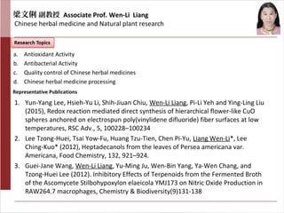 梁文俐 副教授 Associate Prof. Wen-Li Liang
Chinese herbal medicine and Natural plant research
a. Antioxidant Activity
b. Antibacterial Activity
c. Quality control of Chinese herbal medicines
d. Chinese herbal medicine processing
1. Yun-Yang Lee, Hsieh-Yu Li, Shih-Jiuan Chiu, Wen-Li Liang, Pi-Li Yeh and Ying-Ling Liu
(2015), Redox reaction mediated direct synthesis of hierarchical flower-like CuO
spheres anchored on electrospun poly(vinylidene difluoride) fiber surfaces at low
temperatures, RSC Adv., 5, 100228–100234
2. Lee Tzong-Huei, Tsai Yow-Fu, Huang Tzu-Tien, Chen Pi-Yu, Liang Wen-Li*, Lee
Ching-Kuo* (2012), Heptadecanols from the leaves of Persea americana var.
Americana, Food Chemistry, 132, 921–924.
3. Guei-Jane Wang, Wen-Li Liang, Yu-Ming Ju, Wen-Bin Yang, Ya-Wen Chang, and
Tzong-Huei Lee (2012). Inhibitory Effects of Terpenoids from the Fermented Broth
of the Ascomycete Stilbohypoxylon elaeicola YMJ173 on Nitric Oxide Production in
RAW264.7 macrophages, Chemistry & Biodiversity(9)131-138
Representative Publications
 