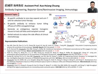 莊國祥 助理教授 Assistant Prof. Kuo-Hsiang Chuang
Antibody Engineering, Reporter Gene/Noninvasive Imaging, Immunology
Research TopicsResearch Topics
a. Bi-specific antibody to one-step expand and arm T
cells for selective tumor therapy
b. Bi-specific antibody to enhance tumor killing
efficacy of mPEG conjugated drugs
c. Generate an endogenous reporter transgenic
mouse to track cell fates and transplant survival
d. Herbal extracts to reduce the side effects of clinical
chemotherapy
Representative Publications
1. Hao WR, Chen M, Chen YJ, Su YC, Cheng CM, Hsueh HY, Kao AP, Hsieh YC, Chang J, Tseng MY, Chuang KH*. Poly-protein G-expressing bacteria
enhance the sensitivity of immunoassays. Scientific Reports 2017 (Accepted). IF: 5.228
2. Su YC, Burnouf PA, Chuang KH, Chen BM, Cheng TL, Roffler SR. Conditional internalization of PEGylated nanomedicines by PEG engagers for triple
negative breast cancer therapy. Nature communications 2017 (Accepted). IF: 11.329
3. Hsieh YC, Cheng TC, Wang HE, Li JJ, Lin WW, Huang CC, Chuang CH, Wang YT, Wang JY, Roffler SR, Chuang KH*, Cheng TL*. Using anti-
poly(ethylene glycol) bioparticles for the quantitation of PEGylated nanoparticles. Scientific Reports 2016 Dec 19;6:39119. IF: 5.228
4. Huang WC, Burnouf PA, Su YC, Chen BM, Chuang KH, Lee CW, Wei PK, Cheng TL, Roffler SR. Engineering Chimeric Receptors To Investigate the
Size- and Rigidity-Dependent Interaction of PEGylated Nanoparticles with Cells. ACS Nano. 2016 Jan 26;10(1):648-62. IF: 13.334
5. Chuang KH, Kao CH, Roffler SR, Lu SJ, ChengTC, Wang YM, Chuang CH, Hsieh YC, Wang YT, Wang JY, Weng KY, and Cheng TL. Development of an
Anti-Methoxy Polyethylene Glycol (α-mPEG) Cell-Based Capture System to Measure mPEG and mPEGylated Molecules. Macromolecules 2014 Sep;
47(19) 6880-8. IF: 5.554
6. Chuang KH, Hsieh YC, Chiang IS, Chuang CH, Kao CH, Cheng TC, Wang YT, Lin WW, Chen BM, Roffler SR, Huang MY, and Cheng TL. High-throughput
sorting of the highest producing cell via a transiently protein-anchored system. PLOS ONE 2014 Jul; 9(7):e102569. IF: 3.234
(1)
(2)
 