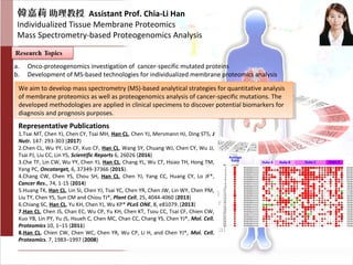 韓嘉莉 助理教授 Assistant Prof. Chia-Li Han
Individualized Tissue Membrane Proteomics
Mass Spectrometry-based Proteogenomics Analysis
a. Onco-proteogenomics investigation of cancer-specific mutated proteins
b. Development of MS-based technologies for individualized membrane proteomics analysis
We aim to develop mass spectrometry (MS)-based analytical strategies for quantitative analysis
of membrane proteomics as well as proteogenomics analysis of cancer-specific mutations. The
developed methodologies are applied in clinical specimens to discover potential biomarkers for
diagnosis and prognosis purposes.
We aim to develop mass spectrometry (MS)-based analytical strategies for quantitative analysis
of membrane proteomics as well as proteogenomics analysis of cancer-specific mutations. The
developed methodologies are applied in clinical specimens to discover potential biomarkers for
diagnosis and prognosis purposes.
Representative Publications
1.Tsai MT, Chen YJ, Chen CY, Tsai MH, Han CL, Chen YJ, Mersmann HJ, Ding ST5, J
Nutr. 147: 293-303 (2017)
2.Chen CL, Wu YY, Lin CF, Kuo CF, Han CL, Wang SY, Chuang WJ, Chen CY, Wu JJ,
Tsai PJ, Liu CC, Lin YS, Scientific Reports 6, 26026 (2016)
3.Che TF, Lin CW, Wu YY, Chen YJ, Han CL, Chang YL, Wu CT, Hsiao TH, Hong TM,
Yang PC, Oncotarget, 6, 37349-37366 (2015).
4.Chang CW, Chen YS, Chou SH, Han CL, Chen YJ, Yang CC, Huang CY, Lo JF*,
Cancer Res., 74, 1-15 (2014)
5.Huang TK, Han CL, Lin SI, Chen YJ, Tsai YC, Chen YR, Chen JW, Lin WY, Chen PM,
Liu TY, Chen YS, Sun CM and Chiou TJ*, Plant Cell, 25, 4044-4060 (2013)
6.Chiang SC, Han CL, Yu KH, Chen YJ, Wu KP* PLoS ONE, 8, e81079. (2013)
7.Han CL, Chen JS, Chan EC, Wu CP, Yu KH, Chen KT, Tsou CC, Tsai CF, Chien CW,
Kuo YB, Lin PY, Yu JS, Hsueh C, Chen MC, Chan CC, Chang YS, Chen YJ*, Mol. Cell.
Proteomics 10, 1–15 (2011)
8.Han CL, Chien CW, Chen WC, Chen YR, Wu CP, Li H, and Chen YJ*, Mol. Cell.
Proteomics. 7, 1983–1997 (2008)
 