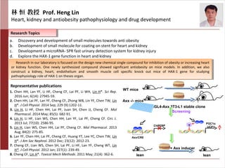 林 恒 教授 Prof. Heng Lin
Heart, kidney and antiobesity pathophysiology and drug development
Research TopicsResearch Topics
a. Discovery and development of small molecules towards anti obesity
b. Development of small molecule for coating on stent for heart and kidney
c. Development a microRNA- SPR fast urinary detection system for kidney injury
d. Explore the HAX-1 gene function in heart and kidney
Research in our laboratory is focused on the design new chemical single compound for inhibition of obesity or increasing heart
or kidney function. One newly synthesized compound showed significant antiobesity on mice models. In addition, we also
construct a kidney, heart, endothelium and smooth muscle cell specific knock out mice of HAX-1 gene for studying
pathophysiology role of HAX-1 on theses organ.
Research in our laboratory is focused on the design new chemical single compound for inhibition of obesity or increasing heart
or kidney function. One newly synthesized compound showed significant antiobesity on mice models. In addition, we also
construct a kidney, heart, endothelium and smooth muscle cell specific knock out mice of HAX-1 gene for studying
pathophysiology role of HAX-1 on theses organ.
pGL4-Axx 3T3-L1 stable clone
Screening
Axx -/- mice
WT mice
Axx Axx
Axx/CRE
ChREBP
Axx Axx
PGC1α
UCP1?
+ Axx inducer
lean lean
Representative publications
1. Chen HH, Lan YF, Li HF, Cheng CF, Lai PF, Li WH, Lin H*. Sci Rep.
2016 Jun; 6(14): 27945-59.
2. Chen HH, Lai PF, Lan YF, Cheng CF, Zhong WB, Lin YF, Chen TW, Lin
H*. J Cell Physiol. 2014 Sep; 229 (9):1202-11.
3. Lin H, Li HF, Chen HH, Lai PF, Juan SH, Chen JJ, Cheng CF. Mol
Pharmacol. 2014 May; 85(5): 682-91.
4. Lin H, Li HF, Lian WS, Chen HH, Lan YF, Lai PF, Cheng CF. Circ J.
2013 Jul; 77(10): 2586-95.
5. Lin H, Lian WS, Chen HH, Lai PF, Cheng CF. Mol Pharmacol. 2013
Aug; 84(2): 275-85.
6. Lan YF, Chen HH, Lai PF, Cheng CF, Huang YT, Lee YC, Chen TW, Lin
H*. J Am Soc Nephrol. 2012 Dec; 23(12): 2012-23.
7. Cheng CF, Lian WS, Chen SH, Lai PF, Li HF, Lan YF, Cheng WT, Lin
H*. J Cell Physiol. 2012 Jan; 227(1): 239-49.
8. Cheng CF, Lin H*. Toxicol Mech Methods. 2011 May; 21(4): 362-6.
 