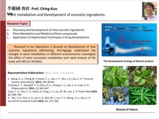 李慶國 教授 Prof. Ching-Kuo
LeePlant metabolism and Development of cosmetic ingredients.
Research TopicsResearch Topics
Representative Publications (2011-now, 3-4 papers)
a. Discovery and Development of new cosmetic ingredients
b. Plant Metabolism and Medicinal Phyto-compounds
c. Application of Hyphenated Techniques in Drug Development
1. Wang, K. C.; Cheng M. C;Hsieh, C. L., Hsu, J. F.; Wu, J. D.; Lee, C. K.* Forensic
Science International. 2013, 224, 84-89.
2.Cheng, K. T.; Wang M. Y. S.;Chou, H. C., Chang, C. C.; Lee, C. K.; Juan, S. H.
Phytomedicine. 2015, 22, 641-647.
3.Lee, T. H.; Hsu, C. C.; Hsiao, G.; Fang, J. U.; Liu, W. M.; Lee, C. K. Planta Med 2016,
82, 698–704.
4. Wu, C. H.; Pan, C. H.; Lee C. K.; She, M. J.; Liu, F. C.; Wang , G. J.; Wu, C. H.
Journal of Functional Foods 2016, 24, 173–182.
The development strategy of Natural product.
Beauty of nature
Research in our laboratory is focused on Development of new
cosmetic ingredients (Whitening, Anti-Aging); understand the
changes in plant metabolites in different environments; investigate
the effect of plant secondary metabolites and rapid analysis of life
body with MS (LC-MS/MS).
Research in our laboratory is focused on Development of new
cosmetic ingredients (Whitening, Anti-Aging); understand the
changes in plant metabolites in different environments; investigate
the effect of plant secondary metabolites and rapid analysis of life
body with MS (LC-MS/MS).
 