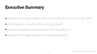 Executive Summary
• Cybersecurity is a large market - $1B in 2019 to $1.6B in 2021 at a 16.9% CAGR
• Cloud security is a signiﬁcant trend with high growth
• India has a number of IAM startups, less so in cloud security
• Need to ﬁnd the right startups in the cybersecurity space
7
For illustrative purposes only
 