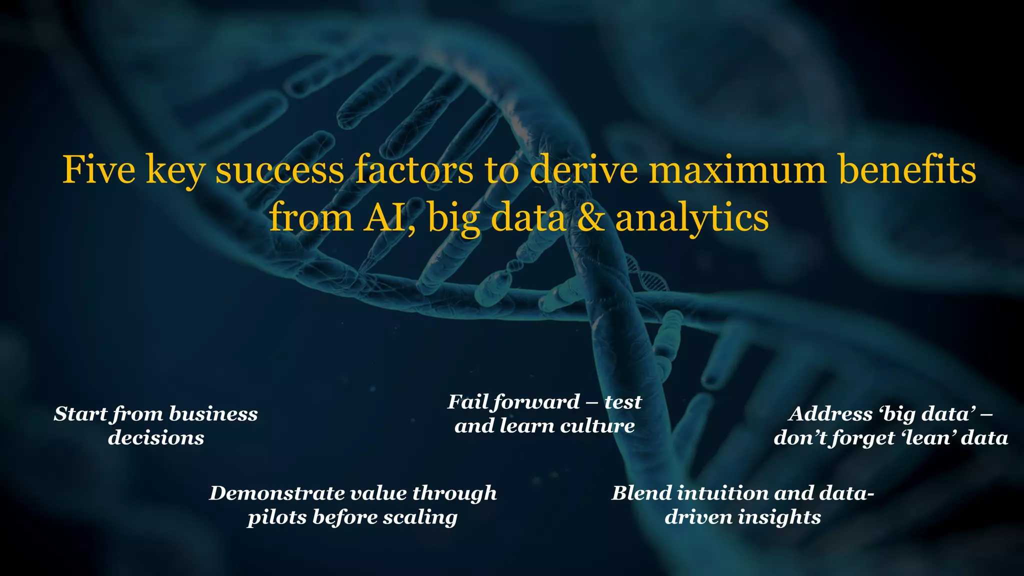 PwC CES-2017
Five key success factors to derive maximum benefits
from AI, big data & analytics
Start from business
decisions
Demonstrate value through
pilots before scaling
Fail forward – test
and learn culture
Address ‘big data’ –
don’t forget ‘lean’ data
Blend intuition and data-
driven insights
 