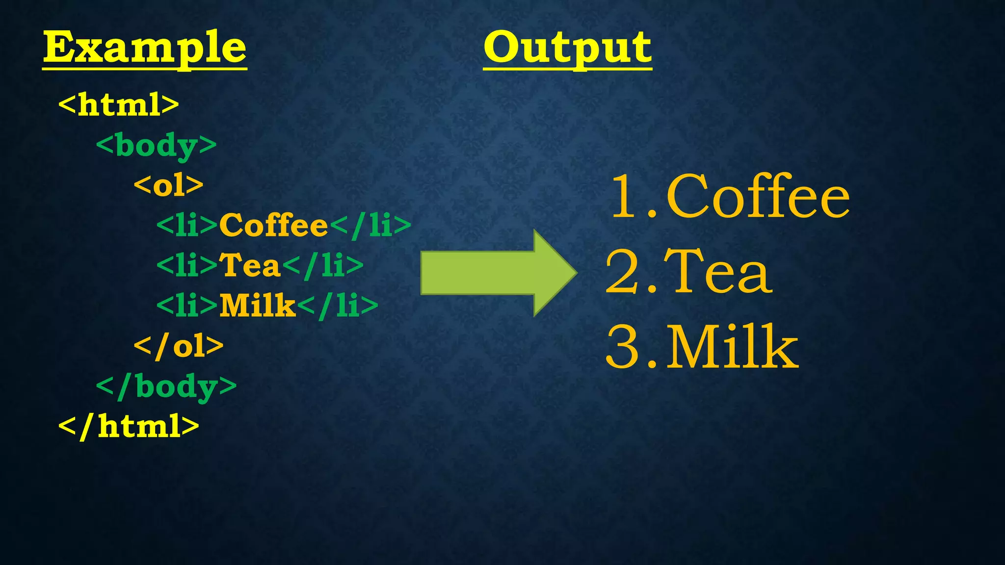 <html>
<body>
<ol>
<li>Coffee</li>
<li>Tea</li>
<li>Milk</li>
</ol>
</body>
</html>
1.Coffee
2.Tea
3.Milk
Example Output
 