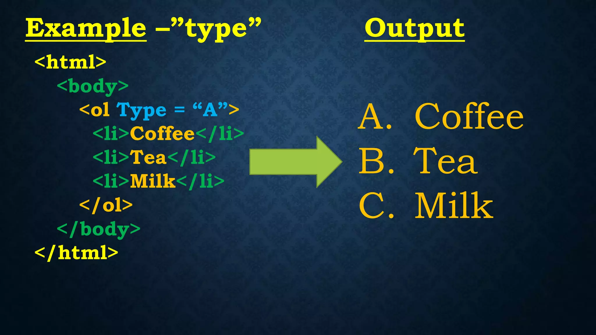 <html>
<body>
<ol Type = “A”>
<li>Coffee</li>
<li>Tea</li>
<li>Milk</li>
</ol>
</body>
</html>
A. Coffee
B. Tea
C. Milk
Example –”type” Output
 