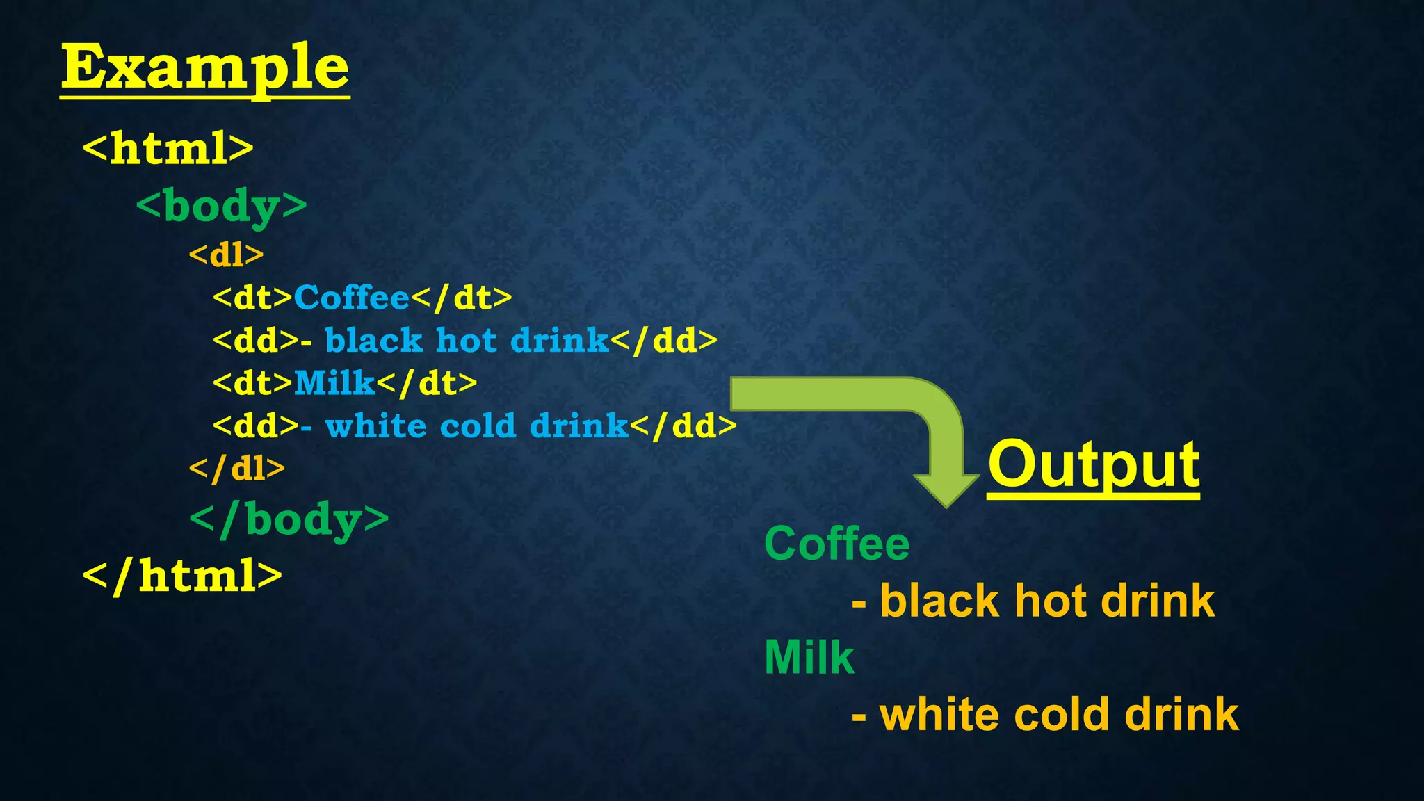 <html>
<body>
<dl>
<dt>Coffee</dt>
<dd>- black hot drink</dd>
<dt>Milk</dt>
<dd>- white cold drink</dd>
</dl>
</body>
</html>
Coffee
- black hot drink
Milk
- white cold drink
Example
Output
 