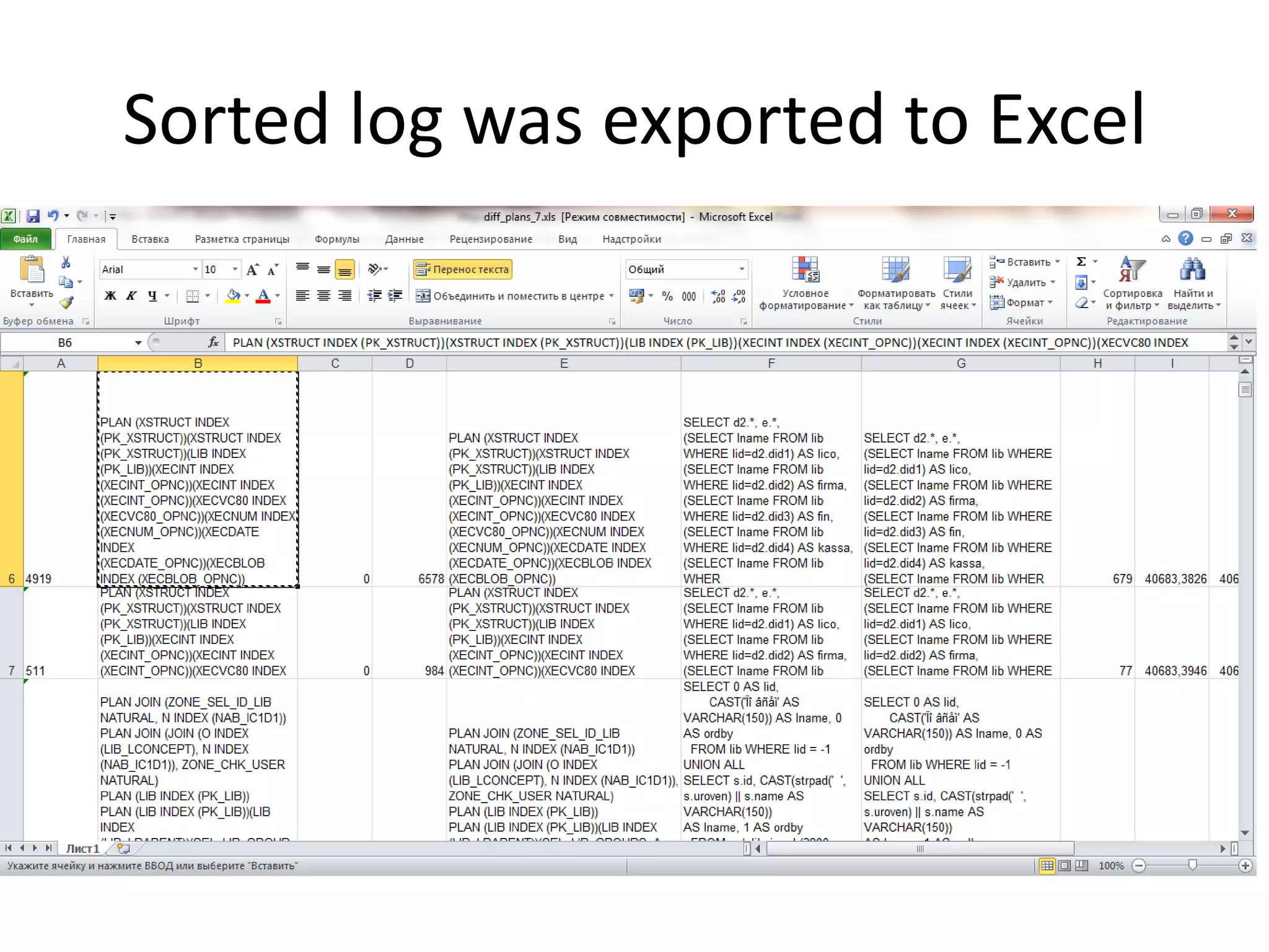 Sorted log was exported to Excel