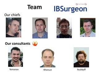 Team
Our chiefs




Our consultants




   Yemanov          Khorsun   Peshkoff
 