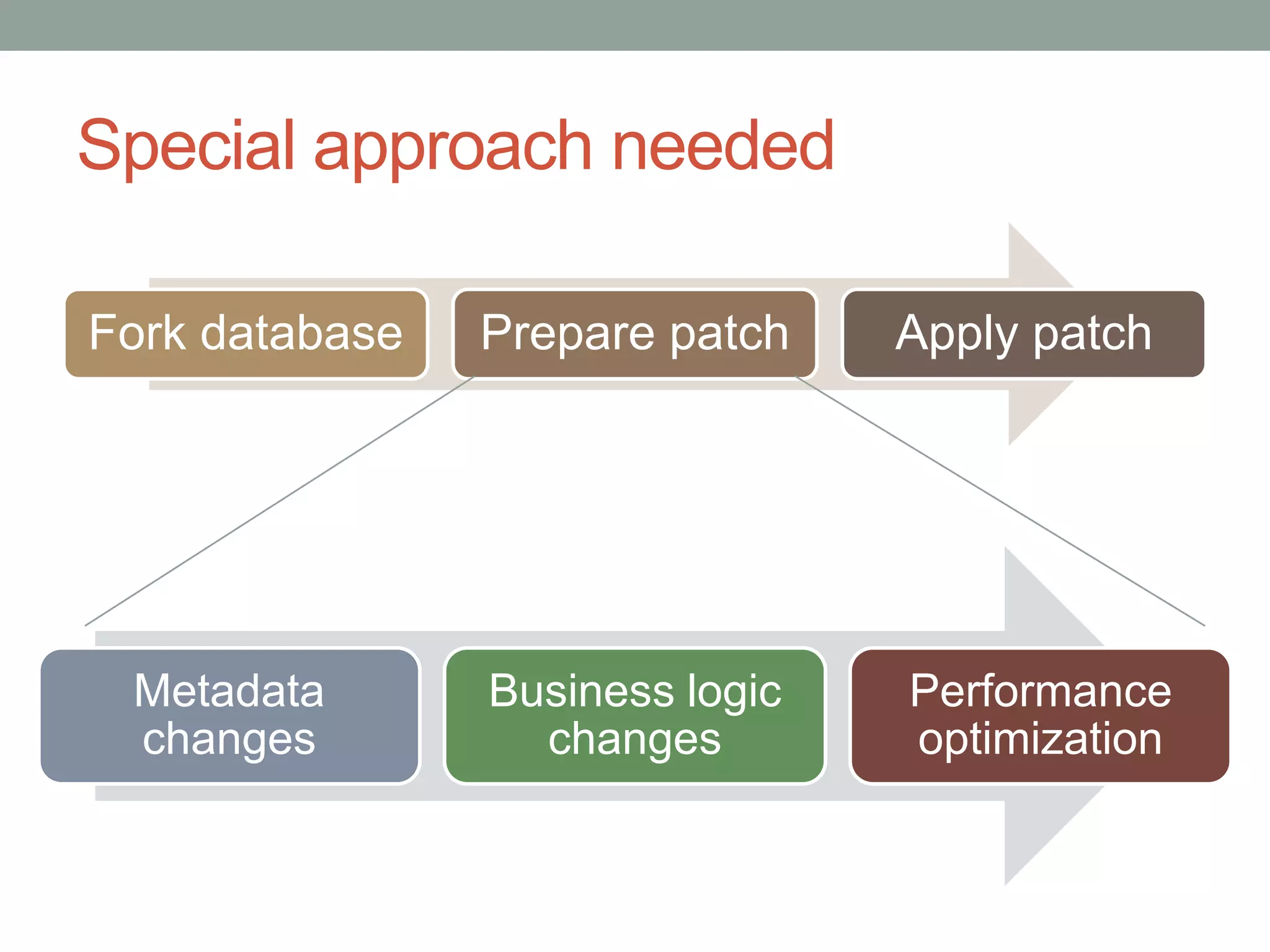 Special approach needed

Fork database   Prepare patch    Apply patch




 Metadata       Business logic   Performance
 changes          changes        optimization
 