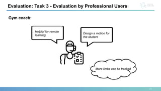 Evaluation: Task 3 - Evaluation by Professional Users
23
Gym coach:
Design a motion for
the student
Helpful for remote
learning
More limbs can be tracked
 